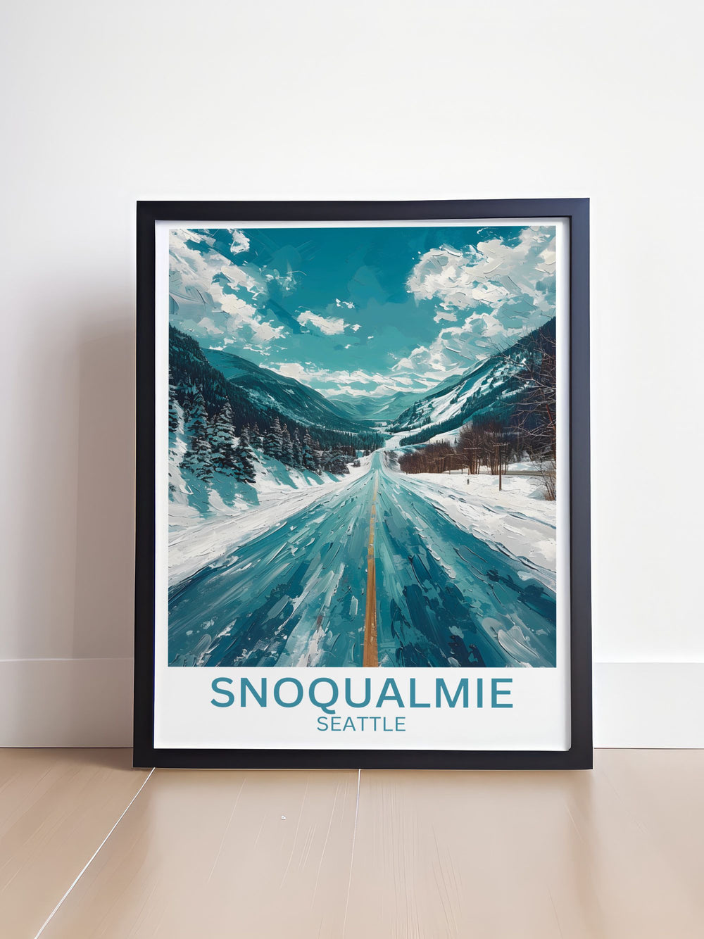 Celebrate the stunning scenery of The Summit at Snoqualmie with this detailed art print, showcasing the serene snow covered mountains and vibrant lodge atmosphere.