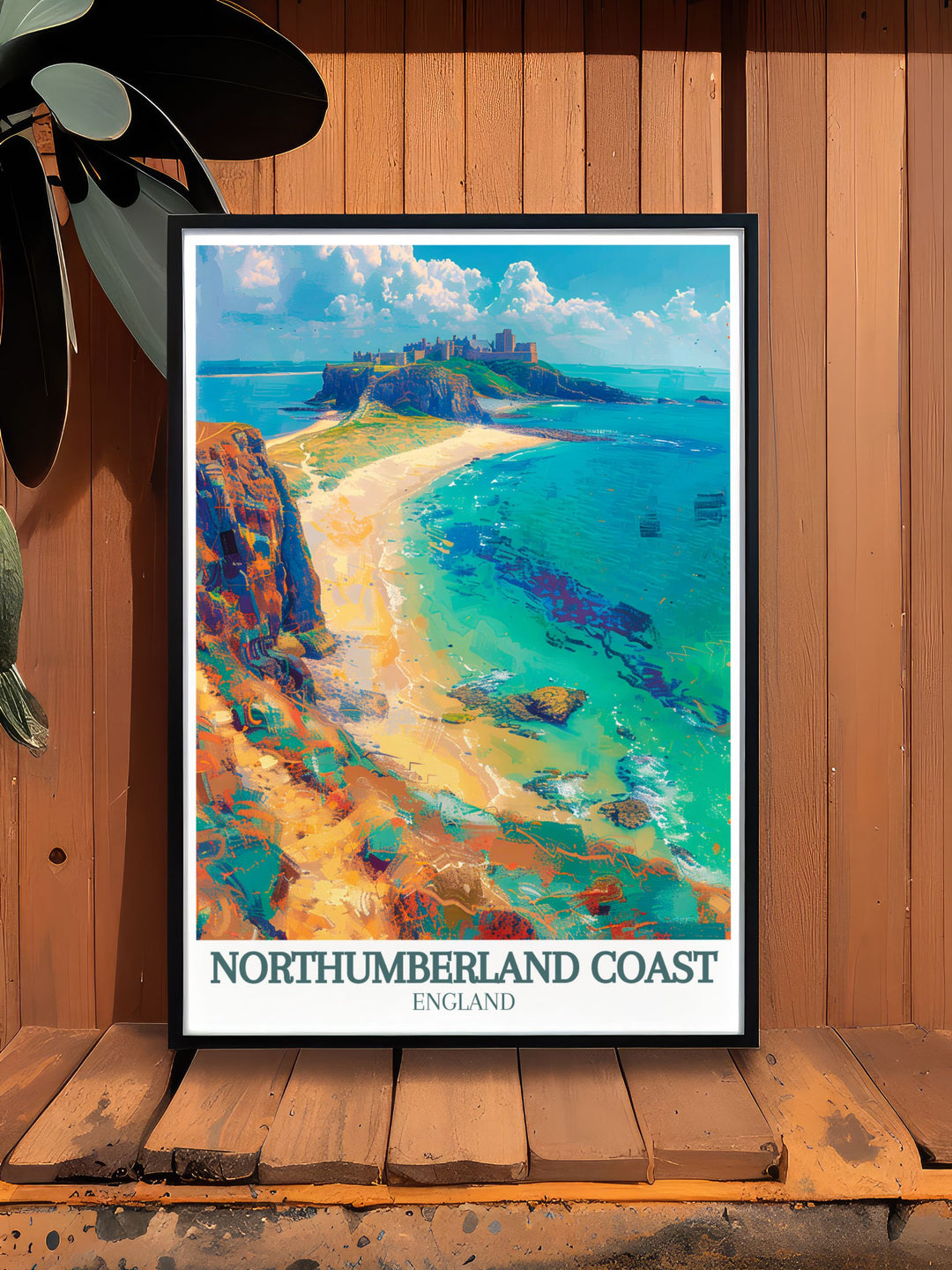 Framed print of Bamburgh Castle and Dunstanburgh Castle set against the rugged Northumberland Coast ideal for those who appreciate the regions natural beauty and historical significance a perfect addition to any home decor.