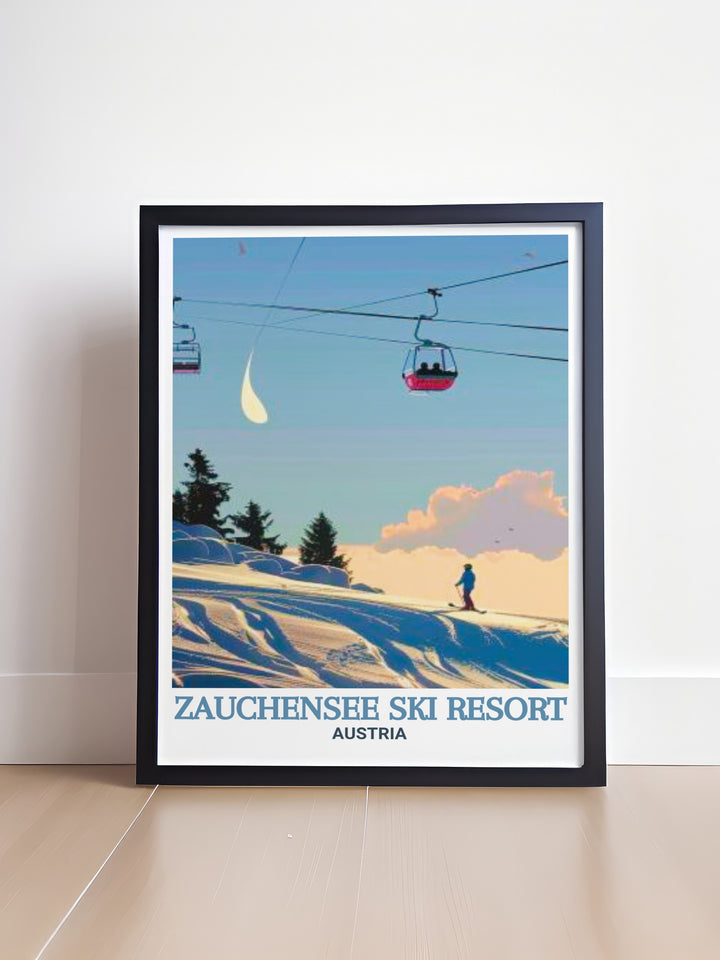 Elegant Zauchensee Poster capturing the thrill of skiing in the Austrian Alps with El Capitan and Yosemite Falls creating a breathtaking backdrop