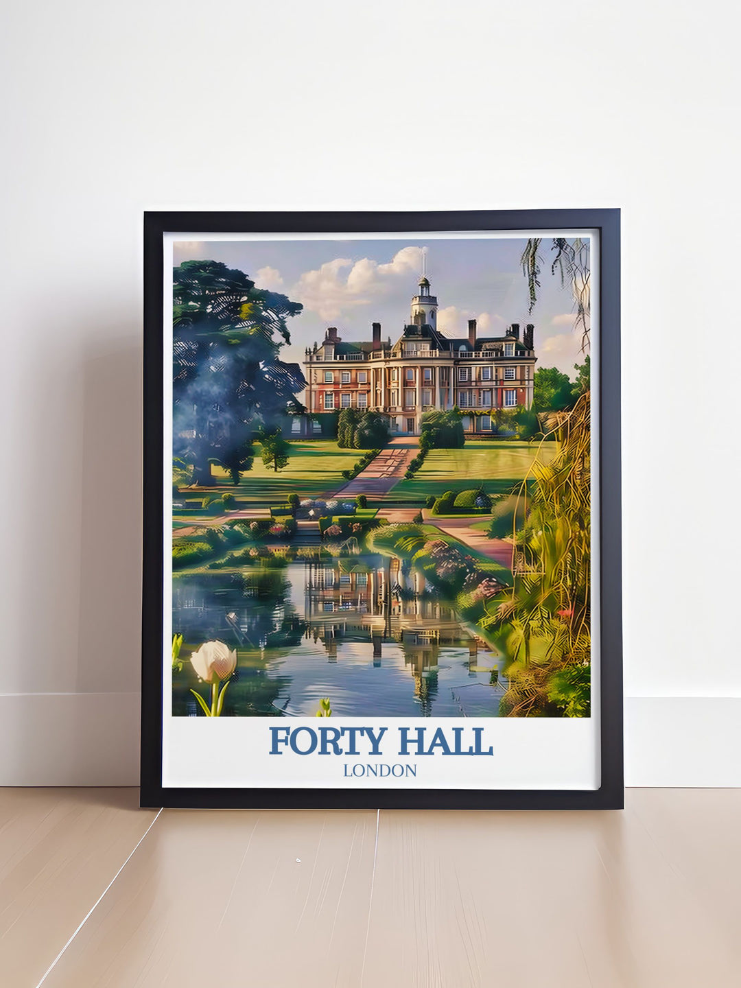This poster captures the essence of Forty Hill, featuring the tranquil Hilly Fields Park and the charming village atmosphere, perfect for those who love historic and natural beauty.