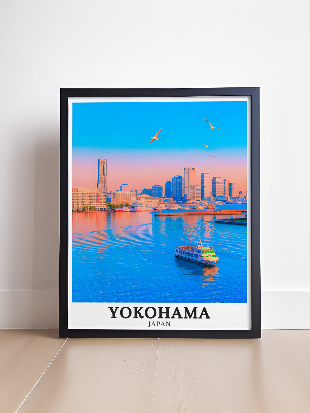 Minato Mirai, a symbol of Yokohamas modernization, is depicted in this stunning print. The artwork highlights the contrast between the districts sleek skyscrapers and serene waterfront, making it an excellent choice for fans of Japanese urban design. This piece brings the elegance and energy of Yokohama into your home decor.