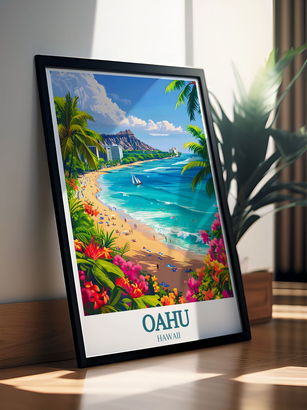 Stunning Oahu poster featuring Waikiki Beach and Diamond Head Crater a great addition to your wall art collection bringing the serene beauty of Hawaii into your space.