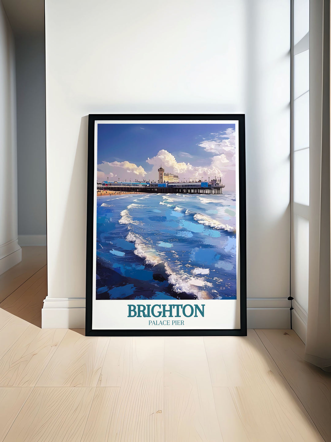 Brighton Pier Poster showcasing the iconic Brighton Palace Pier and the serene English Channel a stunning Art Deco print that brings a touch of vintage travel charm to your home decor or serves as a unique gift for retro poster enthusiasts.