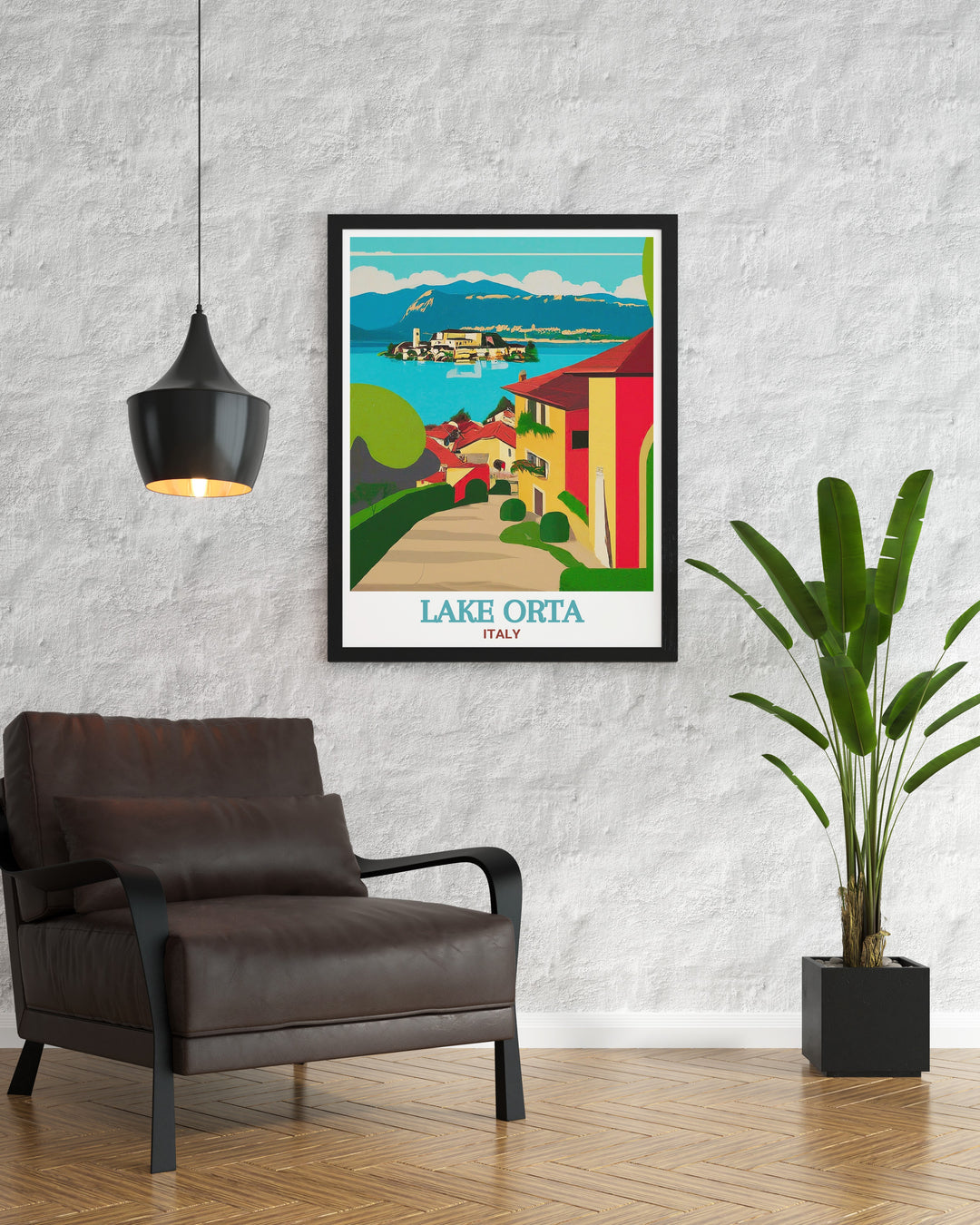 This travel print of Lake Orta and Orta San Giulio beautifully captures the serene landscapes of Italys Piedmont region. Its a perfect addition to any room, offering a peaceful and scenic view that transports you to the heart of Italy.