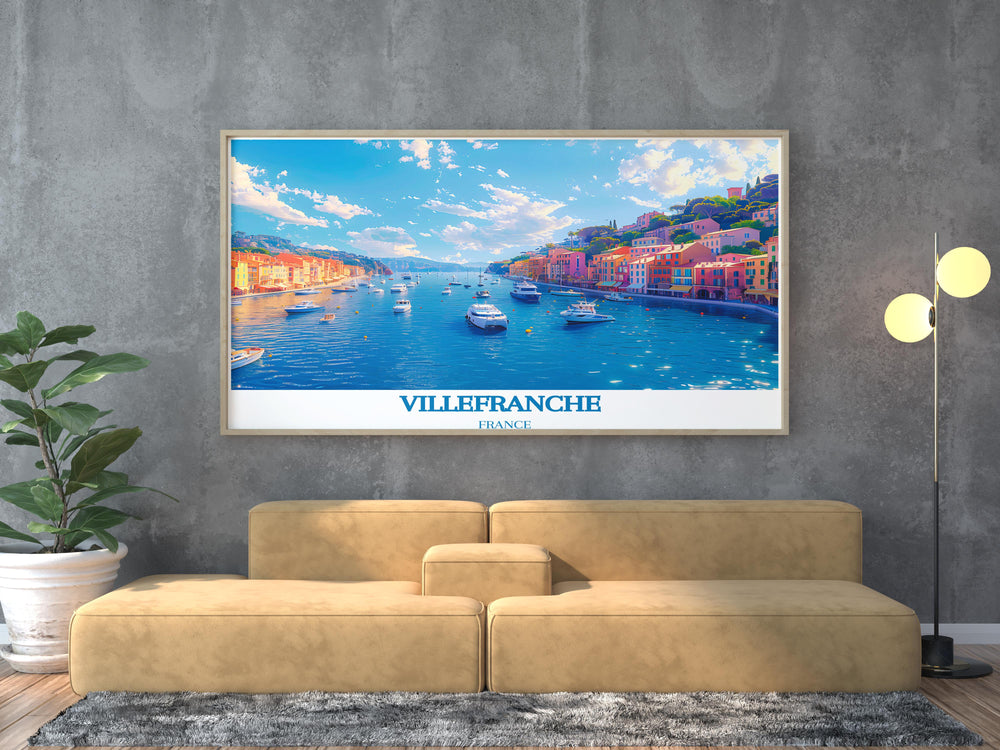 Experience the charm of the French Riviera with Villefranche sur Mer Harbor wall art This elegant artwork captures the tranquil beauty of the harbor and its surroundings making it ideal for modern decor and a perfect centerpiece for your living room or bedroom