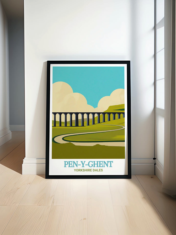 Yorkshire Dales art print celebrating the natural splendor of Pen Y Ghent and the historical significance of Ribblehead Viaduct. This artwork features the dramatic peaks and serene landscape, creating a captivating piece for your home decor. A thoughtful gift for friends and family.