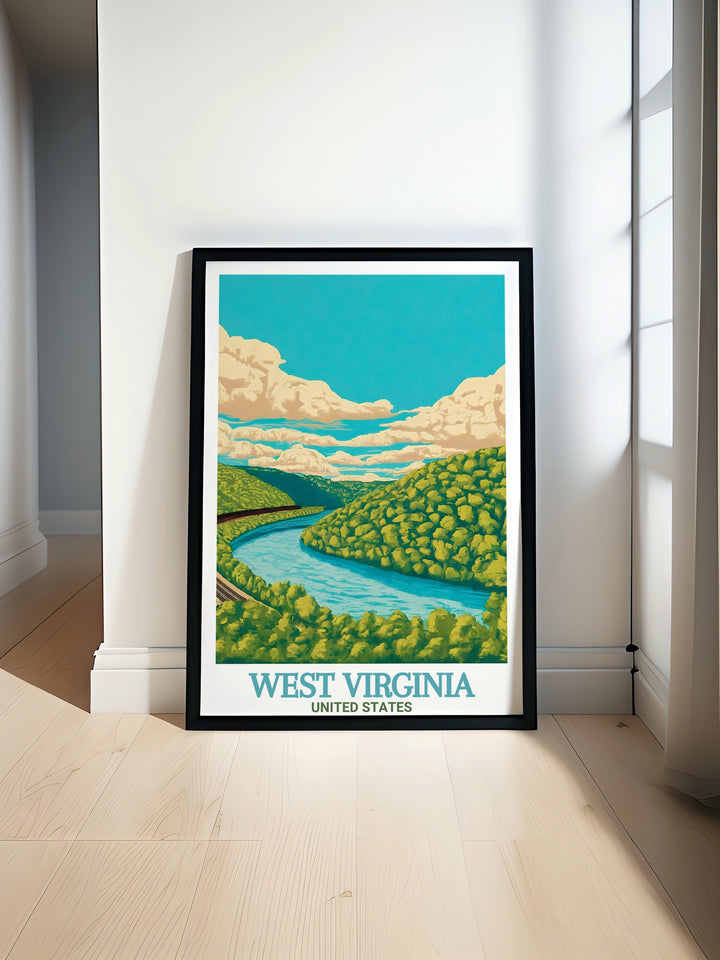 West Virginia poster print showcasing Snowshoe Ski Resort and Cass Scenic Railroad State Park featuring stunning winter landscapes in the Appalachian Mountains perfect for adding vintage travel charm and rustic elegance to any living room or home decor.