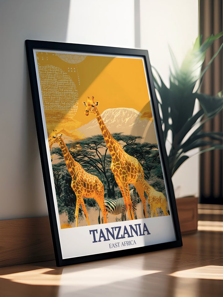 This travel poster showcases the beauty of Tanzanias Serengeti National Park and Mount Kilimanjaro. The detailed illustration brings the vast landscapes and diverse wildlife to life, making it a perfect gift for adventurers and lovers of African nature.