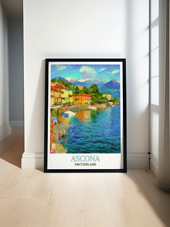 Ascona travel print featuring the stunning Promenade Lungolago along Lake Maggiore, a peaceful and scenic depiction of one of Switzerlands most picturesque towns. This print captures the perfect balance between natural beauty and cultural heritage.