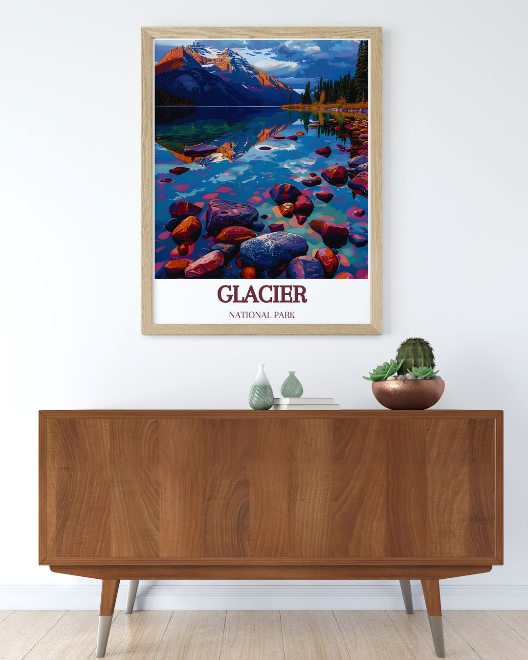 Experience the historical significance of Glacier National Park with this beautifully illustrated poster. Featuring landmarks such as historic lodges and preserved wilderness areas, this piece celebrates the parks rich history and natural heritage.