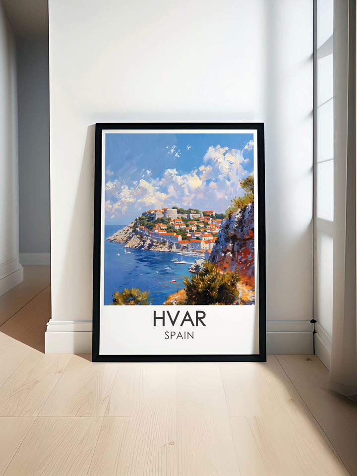 This fine art print of Hvar Fortress captures the stunning view from the top, overlooking the Adriatic Sea. The historical fortress, built in the 13th century, stands as a testament to Croatias rich heritage and architectural brilliance. A perfect addition to your home decor, bringing a touch of history and scenic beauty.