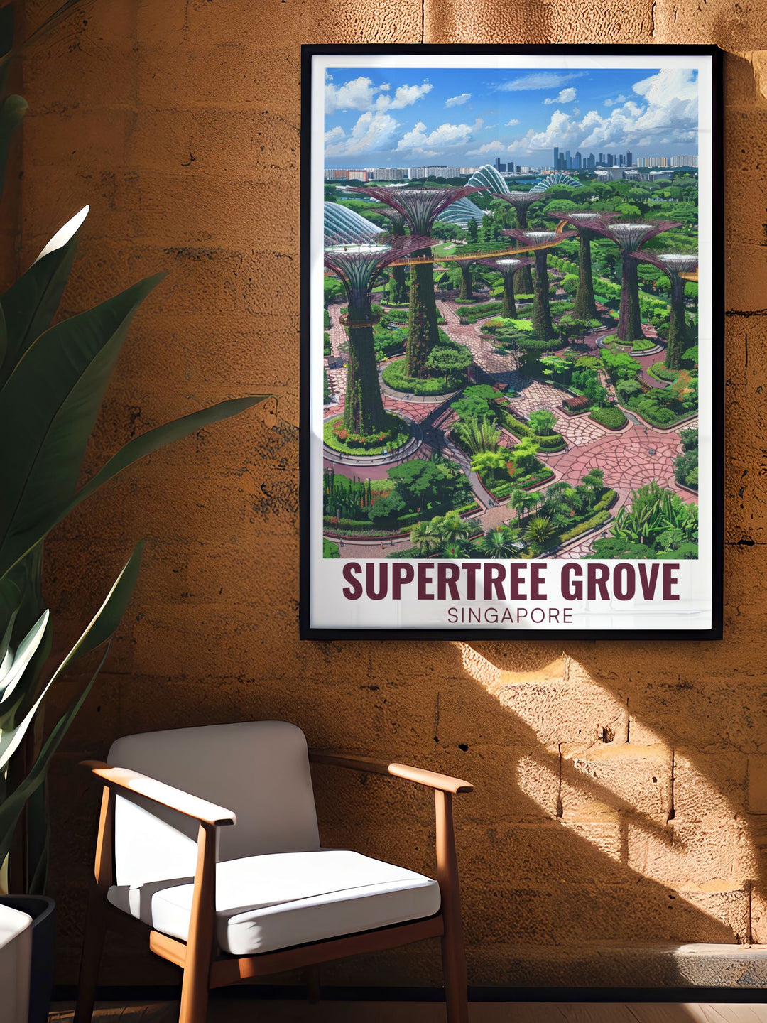 Stunning Supertree Grove artwork with an aerial view of Singapore showcasing the fusion of nature and innovation. This print is ideal for adding a touch of luxury to any living space or office decor.