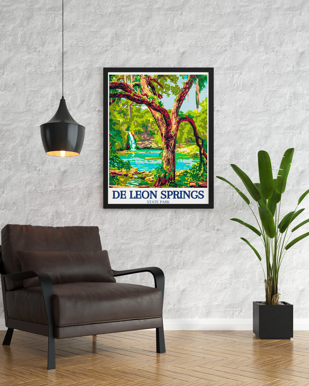 Volusia County Travel Poster featuring the iconic natural landmarks of De Leon Springs and Lake Woodruff, capturing the essence of Floridas diverse landscapes. This travel poster is ideal for adventurers and nature lovers who want to bring the spirit of Floridas natural beauty into their homes.