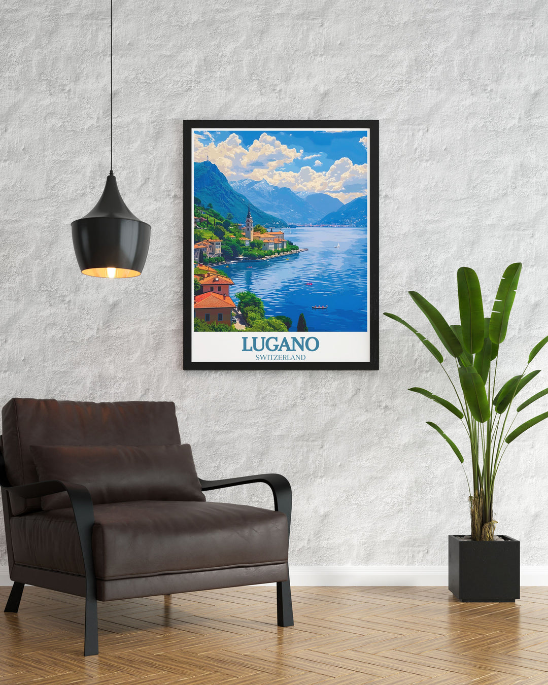 The picturesque Monte Brè, known for its dramatic peaks and stunning vistas, is highlighted in this travel poster. Perfect for those who appreciate natural wonders and majestic mountains.