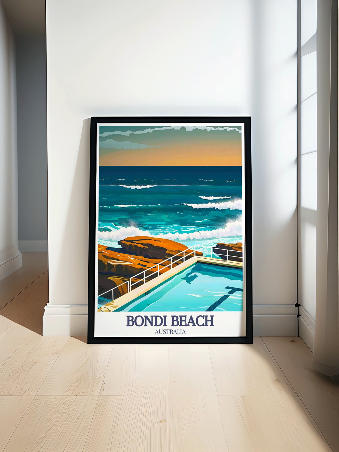 Vintage poster of Sydney Harbour featuring the iconic Sydney Opera House and Harbour Bridge. Bondi Icebergs pool Bondi digital print showcasing the vibrant beach scene. Perfect for home decor, retro travel enthusiasts, and art collectors looking for stunning Australia art.