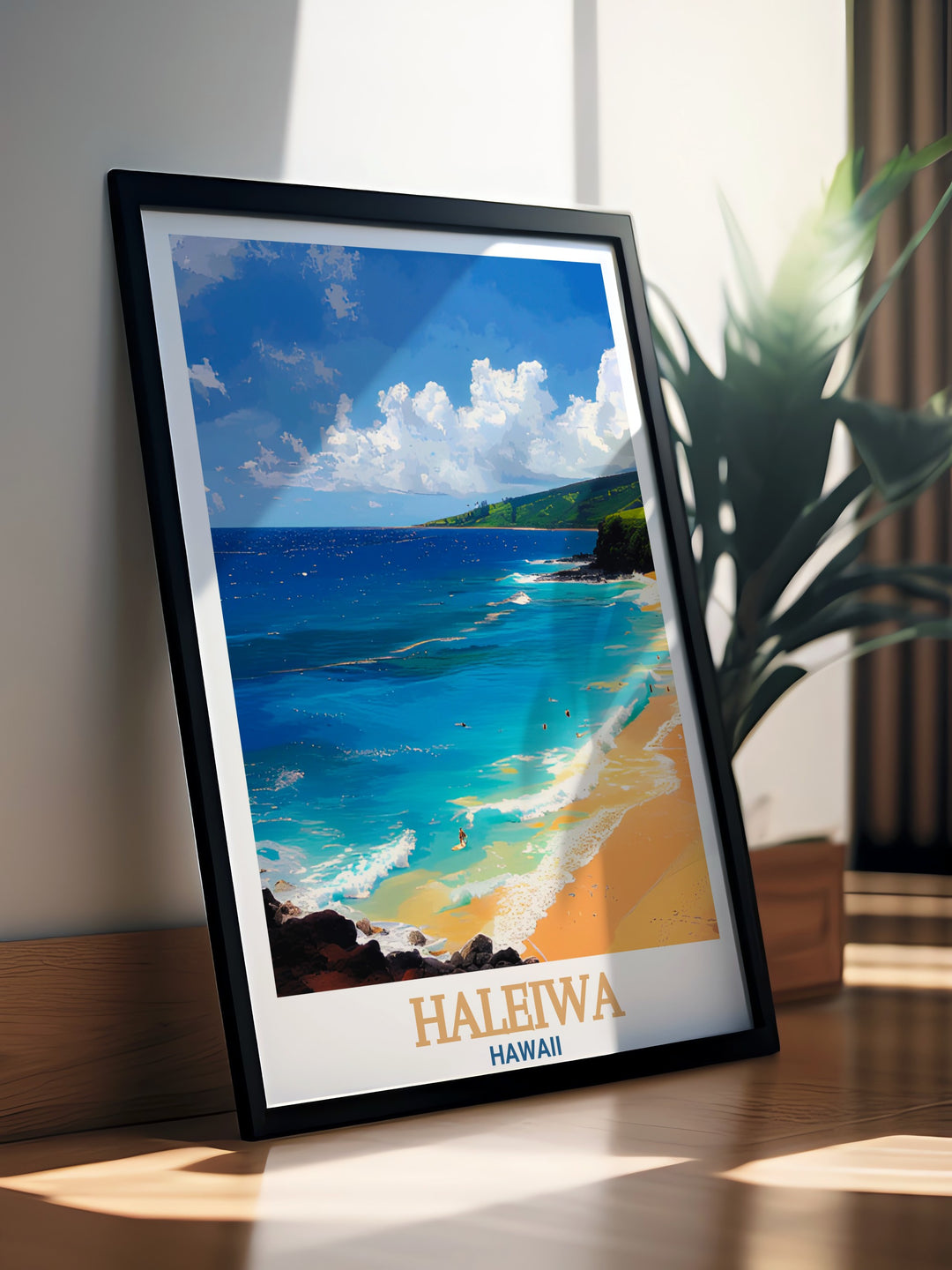 Elevate your home decor with this stunning Hawaii poster print showcasing Waimea Bay and the Haleiwa skyline A perfect gift for art lovers or anyone who enjoys coastal decor it brings the beauty of Hawaii into any living space