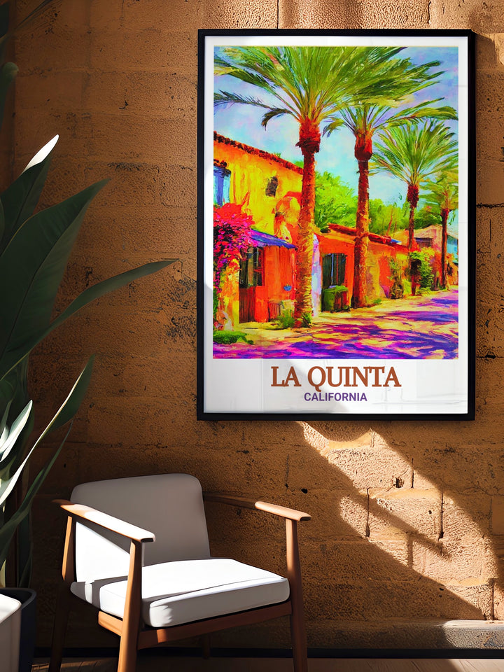 La Quinta travel poster featuring Old Town, a historic California landmark. This art print captures the charm of the towns architecture and bustling streets. Ideal for any living space, this print brings a slice of Californias desert charm into your home, perfect for lovers of history and design.