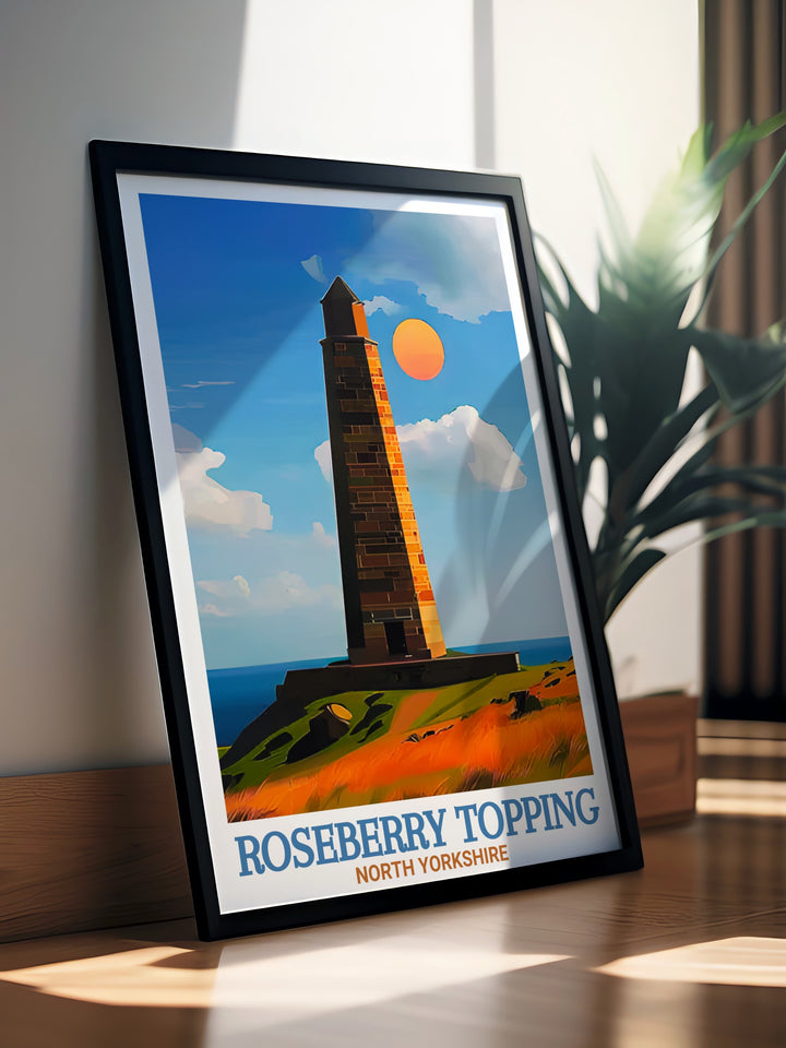 Celebrate the adventure and history of North Yorkshire with this Roseberry Topping travel poster. Featuring Captain Cooks Monument, this print is perfect for nature lovers and those who appreciate the rich heritage of the region.