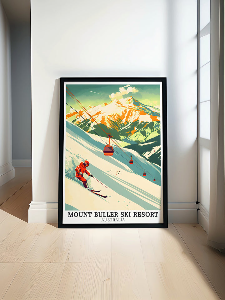 Mt Buller Terrain Park Travel Print capturing the dynamic energy and excitement of one of Australias most popular snowboarding and skiing destinations. The detailed artwork highlights the challenging slopes and vibrant atmosphere, perfect for winter sports enthusiasts.