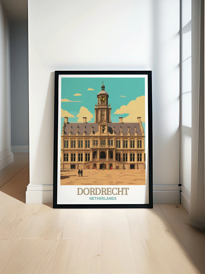 Dordrecht wall art featuring the historic City Hall, a building that has stood as a testament to the citys rich history for centuries. This Netherlands travel print adds a touch of classic European beauty to any room, perfect for those who love Dutch heritage.