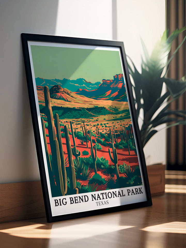 Big Bend Poster featuring the Chihuahuan Desert and Chisos Mountains in Texas USA is a stunning example of modern art that transforms any room into a celebration of the natural world with its intricate details and rich colors