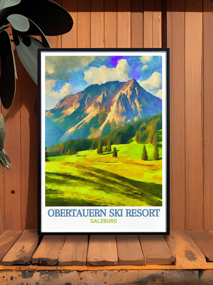 This vintage inspired travel poster captures the adventure of skiing at Obertauern Ski Resort, with the iconic Seekarspitz Mountain in the background. A must have for ski enthusiasts, this print brings the excitement of the Austrian Alps into your living space.