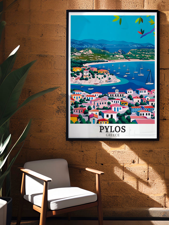 Create a serene and culturally rich environment in your home with this Pylos Poster Print featuring Voidokilia Beach, Gialova Lagoon a beautiful piece of art that captures the essence of Greeces coastal landscapes