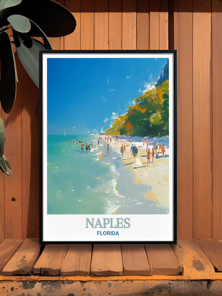 Delnor Wiggins Pass State Park Travel Print showcases the serene beauty of one of Floridas hidden gems, where the Gulf of Mexico meets unspoiled beaches and lush mangroves. This print is ideal for nature lovers who appreciate Floridas natural landscapes.