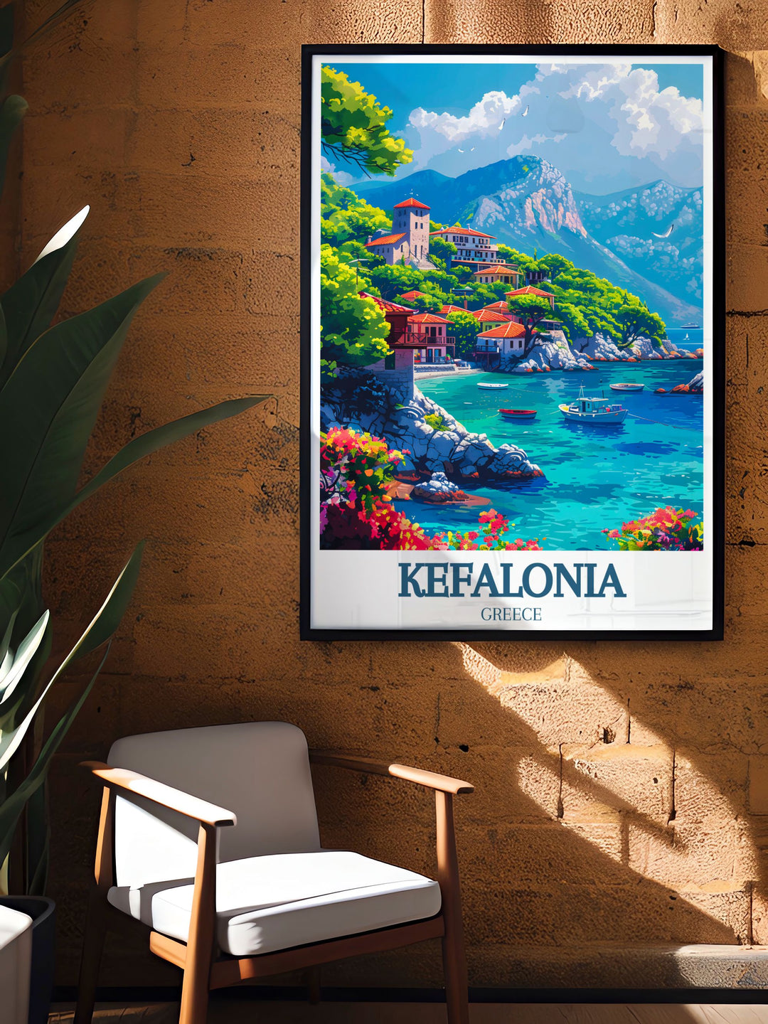 A detailed travel poster of Kefalonia featuring Assos Village, with its vibrant colors, historical architecture, and the serene Ionian Sea. This print is perfect for those who want to bring the peaceful charm of Greek island life into their home or office.