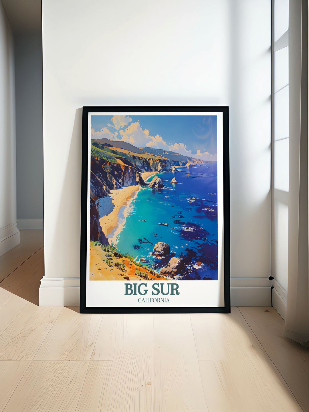 Featuring the lush landscapes and stunning ocean views of Big Sur, this travel poster captures the natural beauty of California, ideal for those who appreciate scenic coastal landscapes.