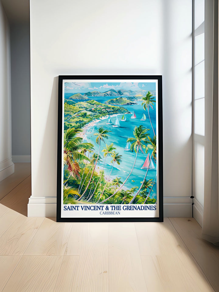 A detailed art print capturing the scenic beauty of Saint Vincent & The Grenadines, with the turquoise Caribbean Sea and lush island greenery as the focal points. Perfect for travel enthusiasts and island lovers alike.