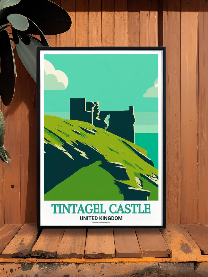 A beautiful Cornwall Travel Poster highlighting Tintagel Castle and its rugged surroundings. The artwork brings the castles mysterious past and breathtaking views into your home, offering a striking visual of one of the UKs most legendary sites.