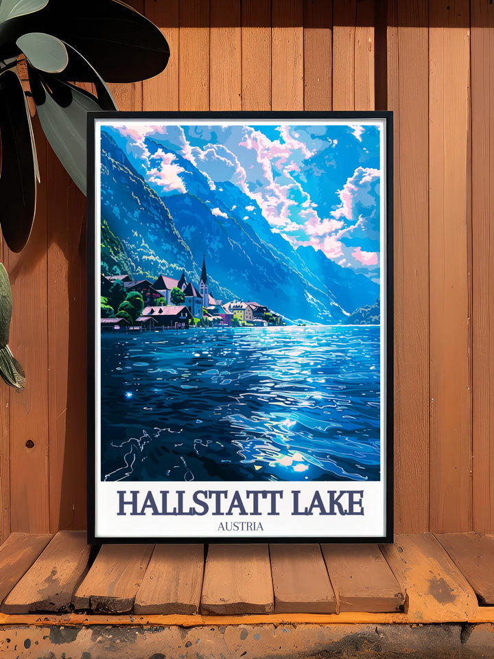 Our Hallstatt Lake poster features the stunning Austrian Alps, with the tranquil Hallstatt Lake, the towering Dachstein Mountains, and the iconic Hallstatt Lutheran Church, capturing the charm of this UNESCO World Heritage Site. Perfect for your wall art collection.