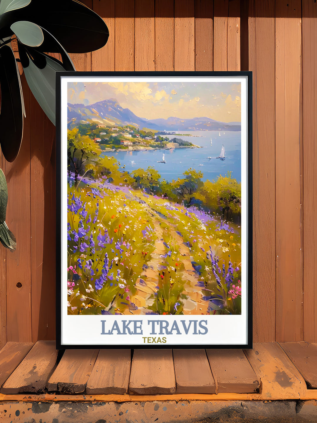 This Lake Travis poster art offers a captivating view of one of Texass most picturesque locations. Its perfect for decorating living spaces with a natural and relaxing atmosphere.