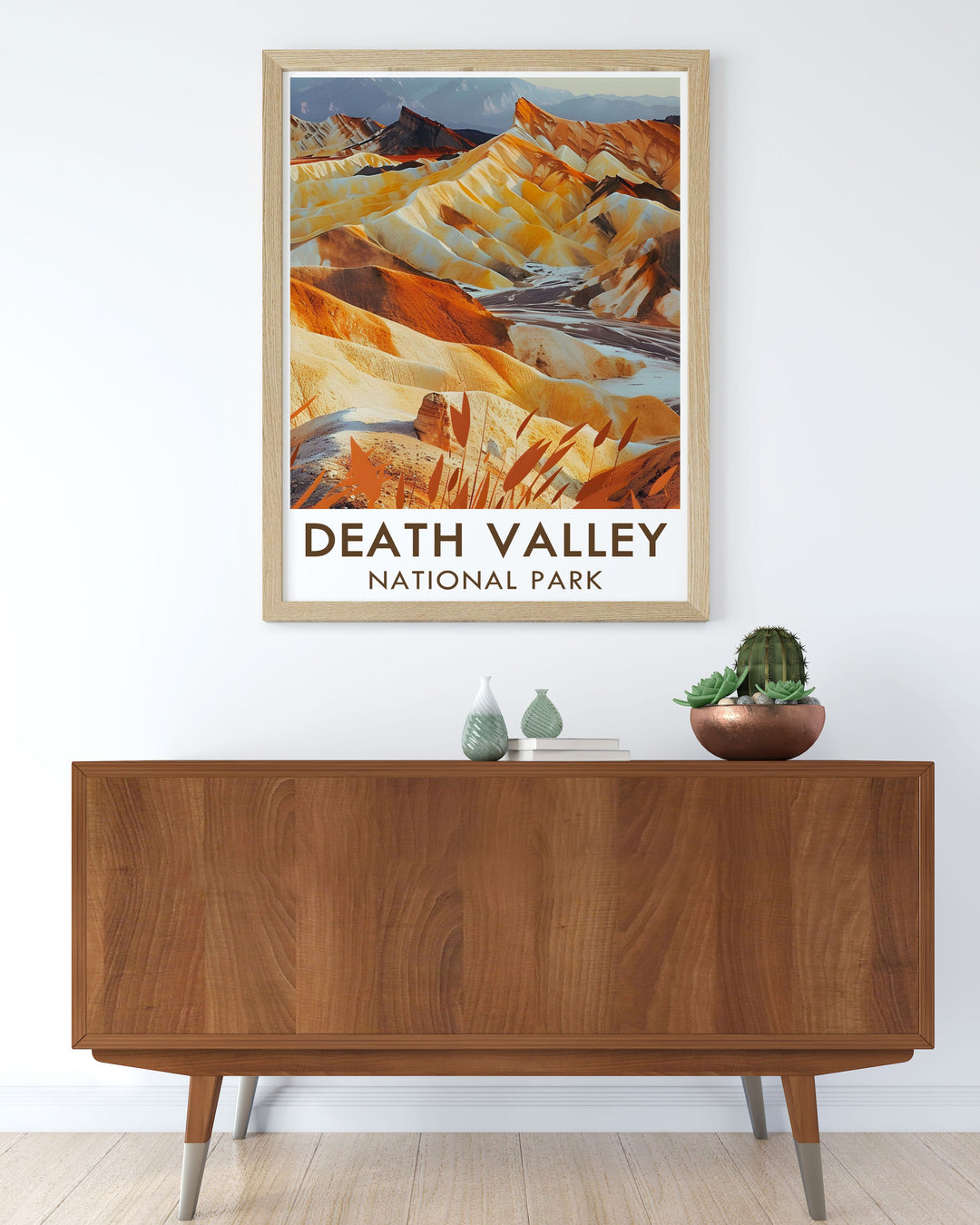 Framed art showcasing the serene beauty of Zabriskie Point in Death Valley, capturing the otherworldly landscape and the parks natural splendor.