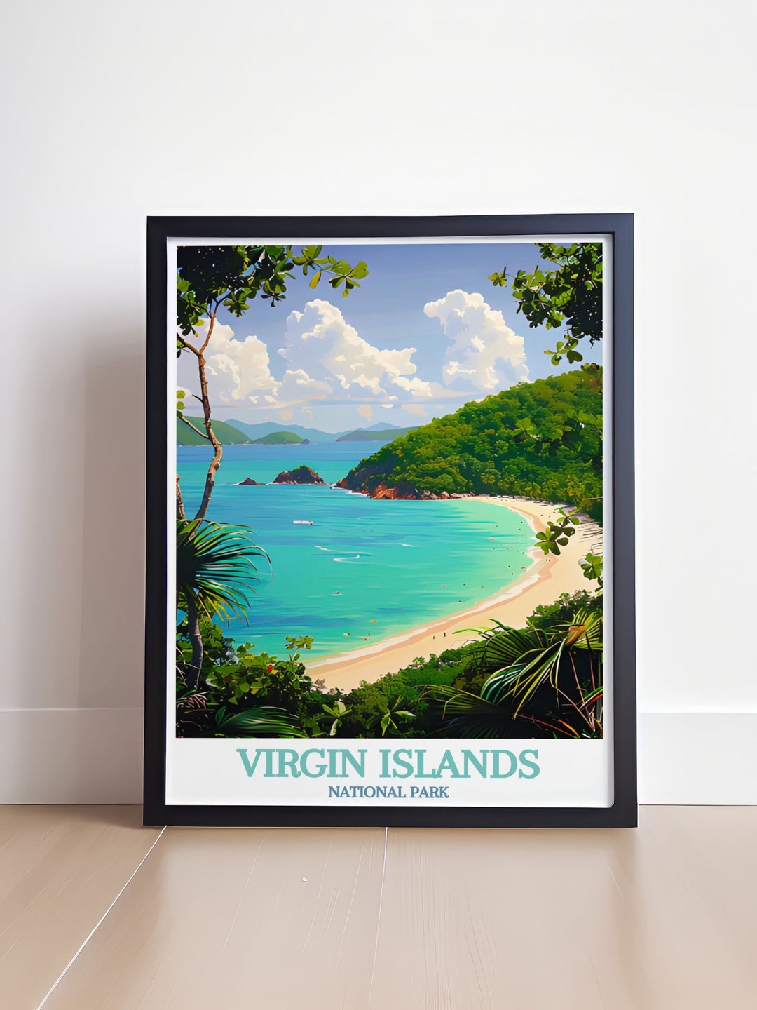 Vintage travel print of Trunk Bay offering a breathtaking view of this iconic location in the US Virgin Islands perfect for adding a touch of nature to your home