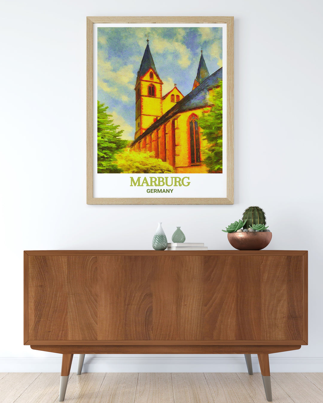 Discover the enduring beauty of Marburgs St. Elizabeths Church with this vintage style poster. The artwork reflects the historic importance and architectural elegance of one of Germanys most revered landmarks. Ideal for decorating your home or office, this piece adds a touch of European sophistication