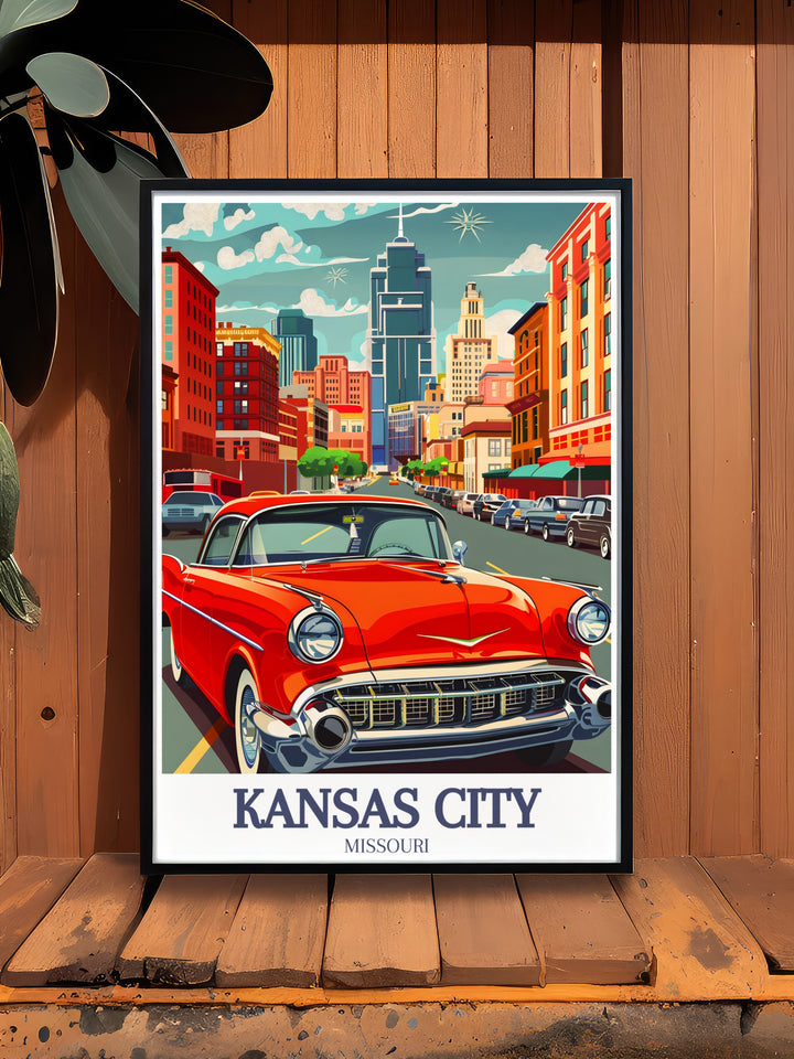 Downtown Kansas City travel print highlighting the best of Missouris urban culture. This canvas art features vibrant colors and detailed architectural designs, making it ideal for anyone who wants to bring the feel of Kansas City into their living space.