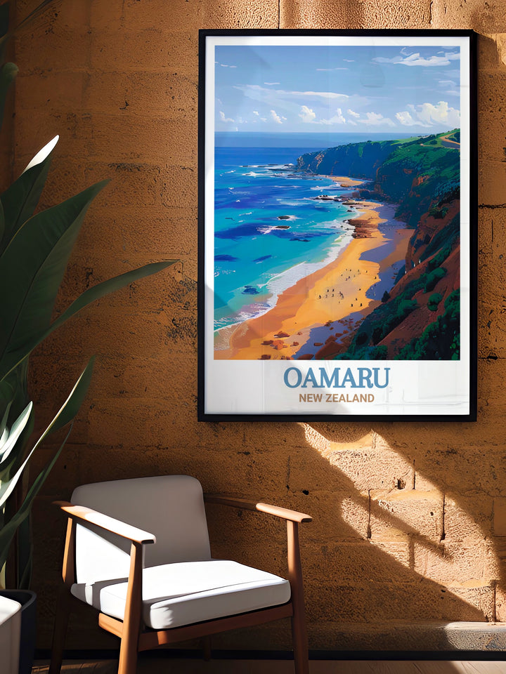 Oamaru Travel Poster showcasing the picturesque landscape of Bushy Beach, where the untouched wilderness meets the serene coastline. This travel poster captures the essence of New Zealands South Island, making it a must have for travel enthusiasts.