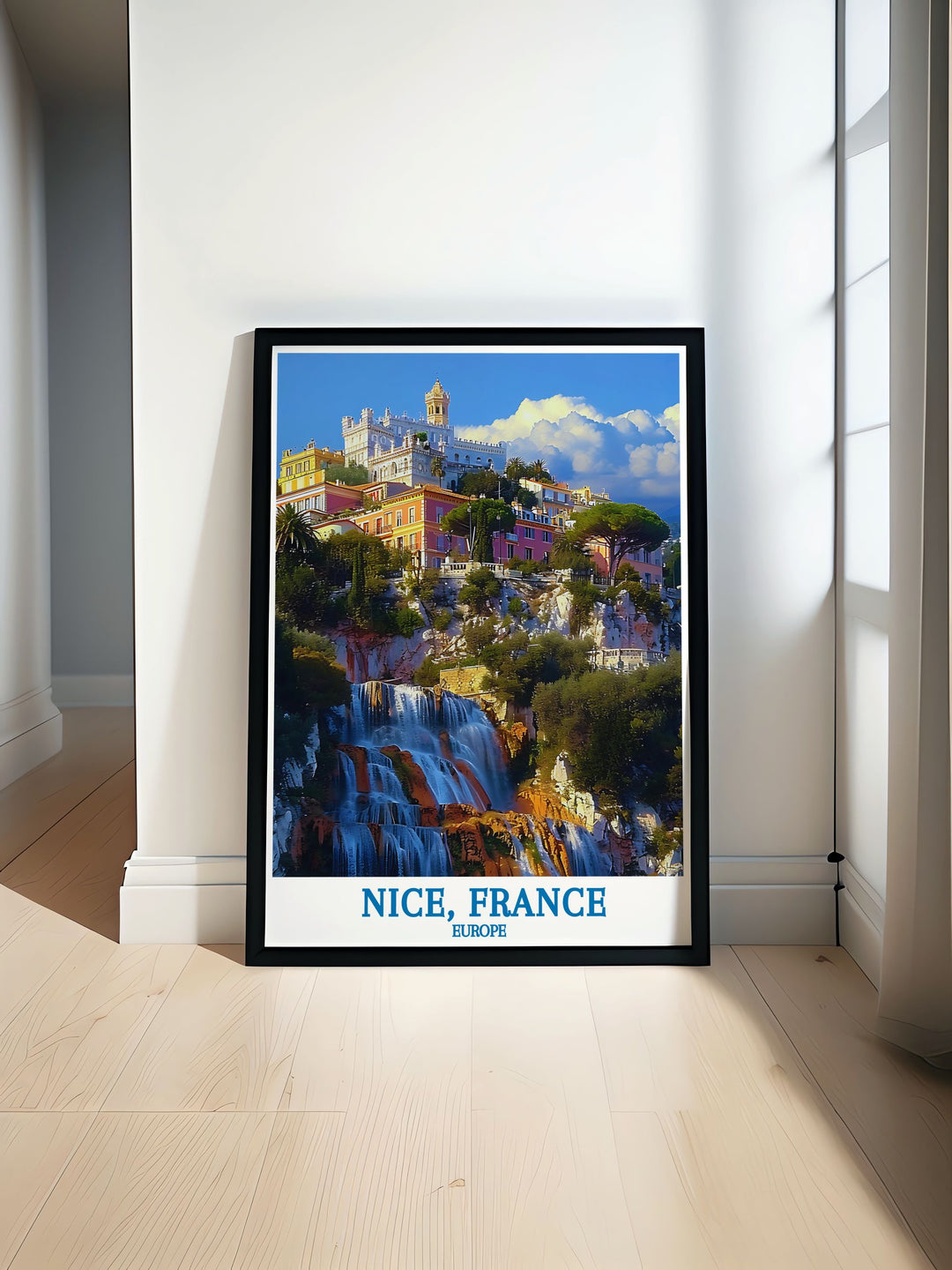 This art print beautifully depicts Colline du Château in Nice, France, highlighting the blend of natural landscapes and ancient architecture, ideal for those who appreciate both history and scenic beauty.