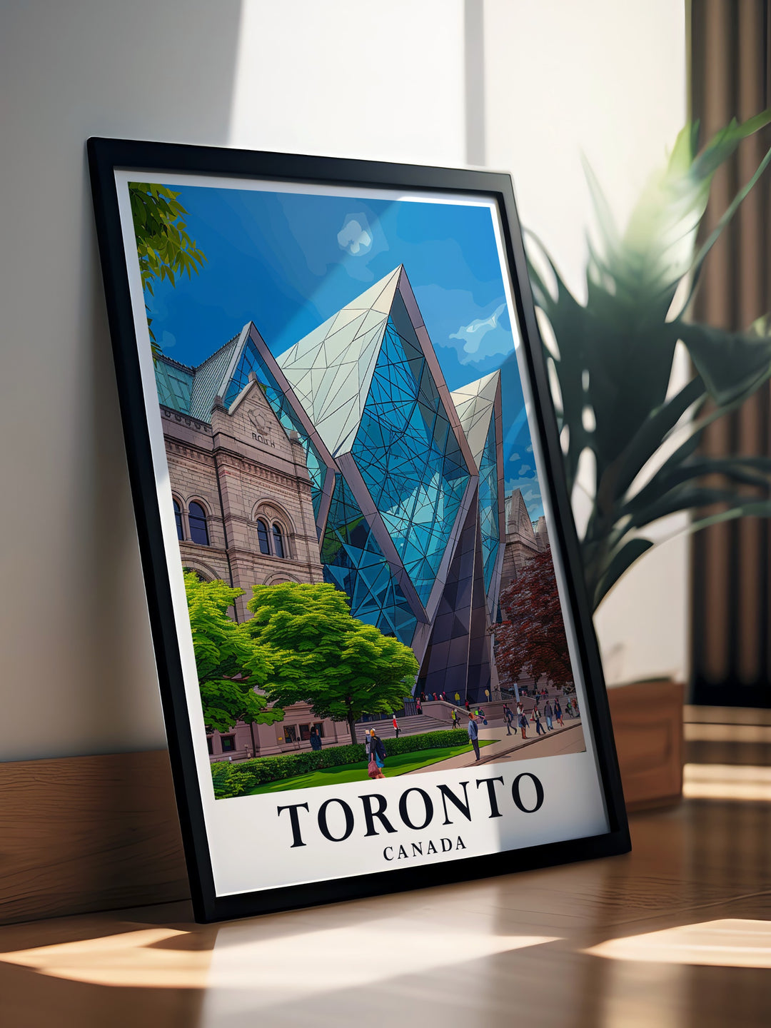 Modern Royal Ontario Museum print capturing detailed artwork of Torontos iconic landmark perfect for living room or office decor.