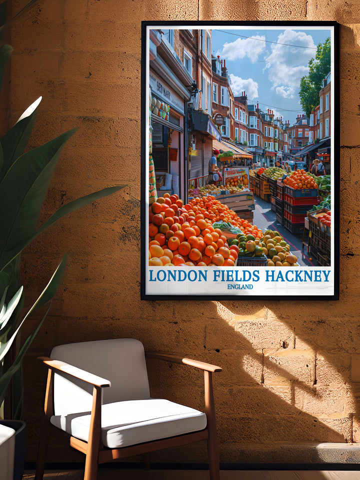 Experience the dynamic energy of East London with this detailed poster of Broadway Market, capturing the markets lively ambiance and diverse offerings, perfect for your home decor.