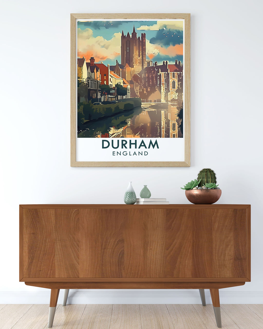 This travel poster of Durham Cathedral captures the serene beauty and historical significance of one of Durhams most treasured landmarks, offering a glimpse into the citys religious past.