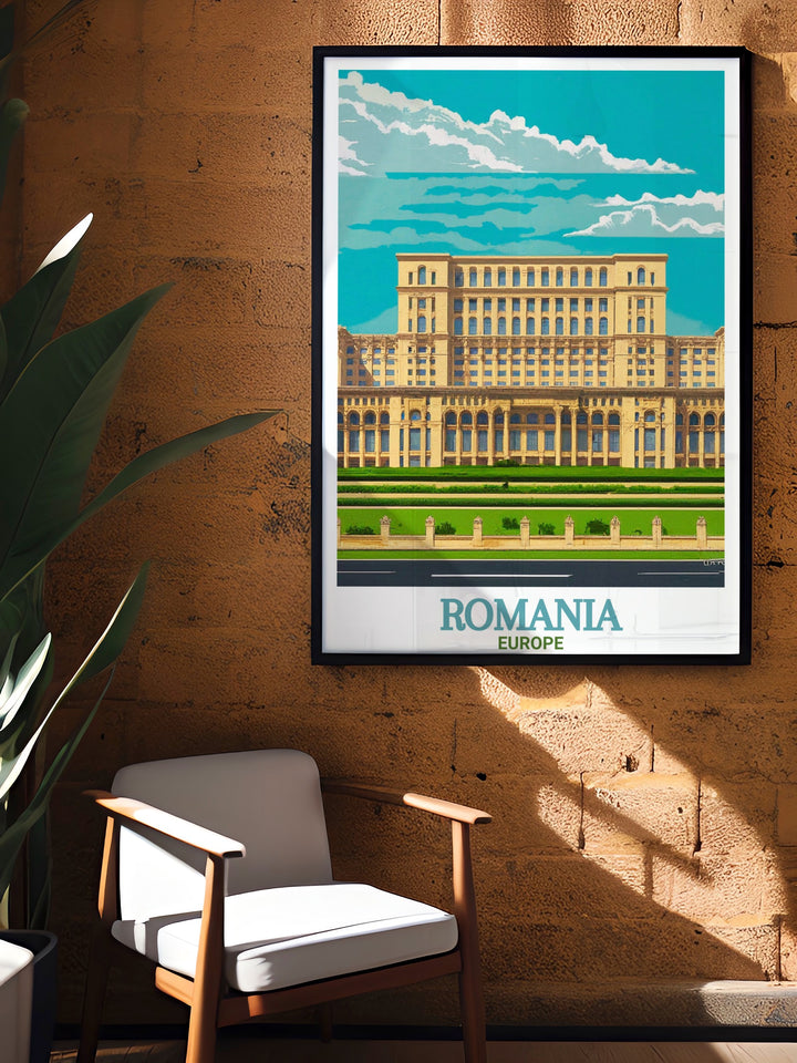 An elegant framed art print of the Palace of the Parliament in Bucharest, Romania, capturing its iconic structure in vivid detail. This wall art is ideal for anyone fascinated by Eastern European architecture and history, a bold addition to your home or office space.