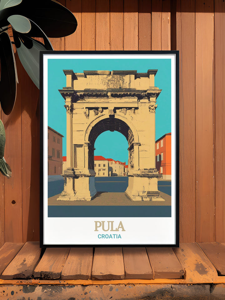 Bring the charm of Pulas historic streets and landmarks into your home with this travel print. The artwork captures the citys unique blend of ancient history and vibrant culture, making it a perfect addition to any room.