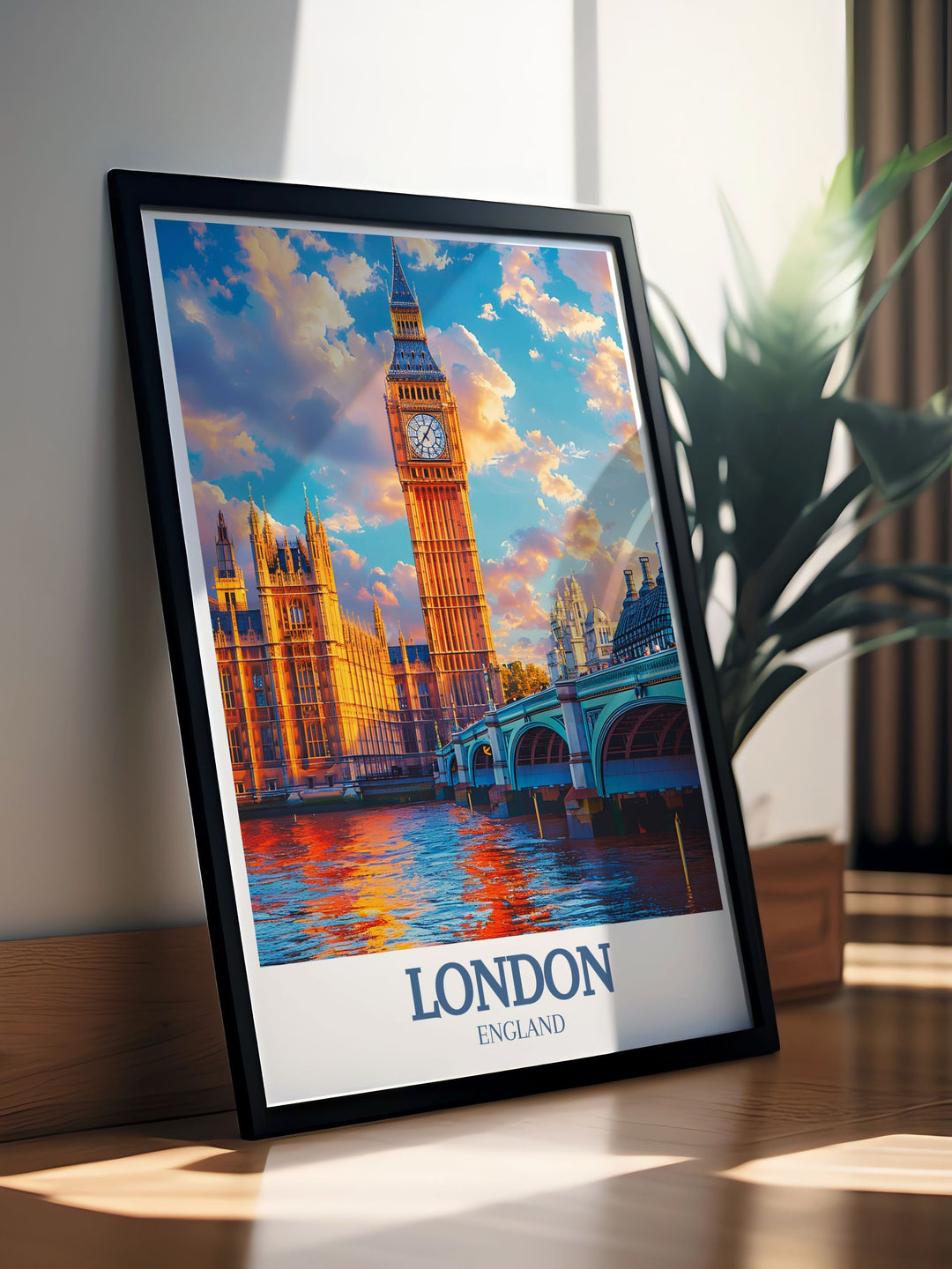 Modern decor featuring Big Ben and London Bridge art prints capturing the iconic architecture of London. Perfect for adding a touch of sophistication and charm to any room with its stunning depiction of Londons landmarks