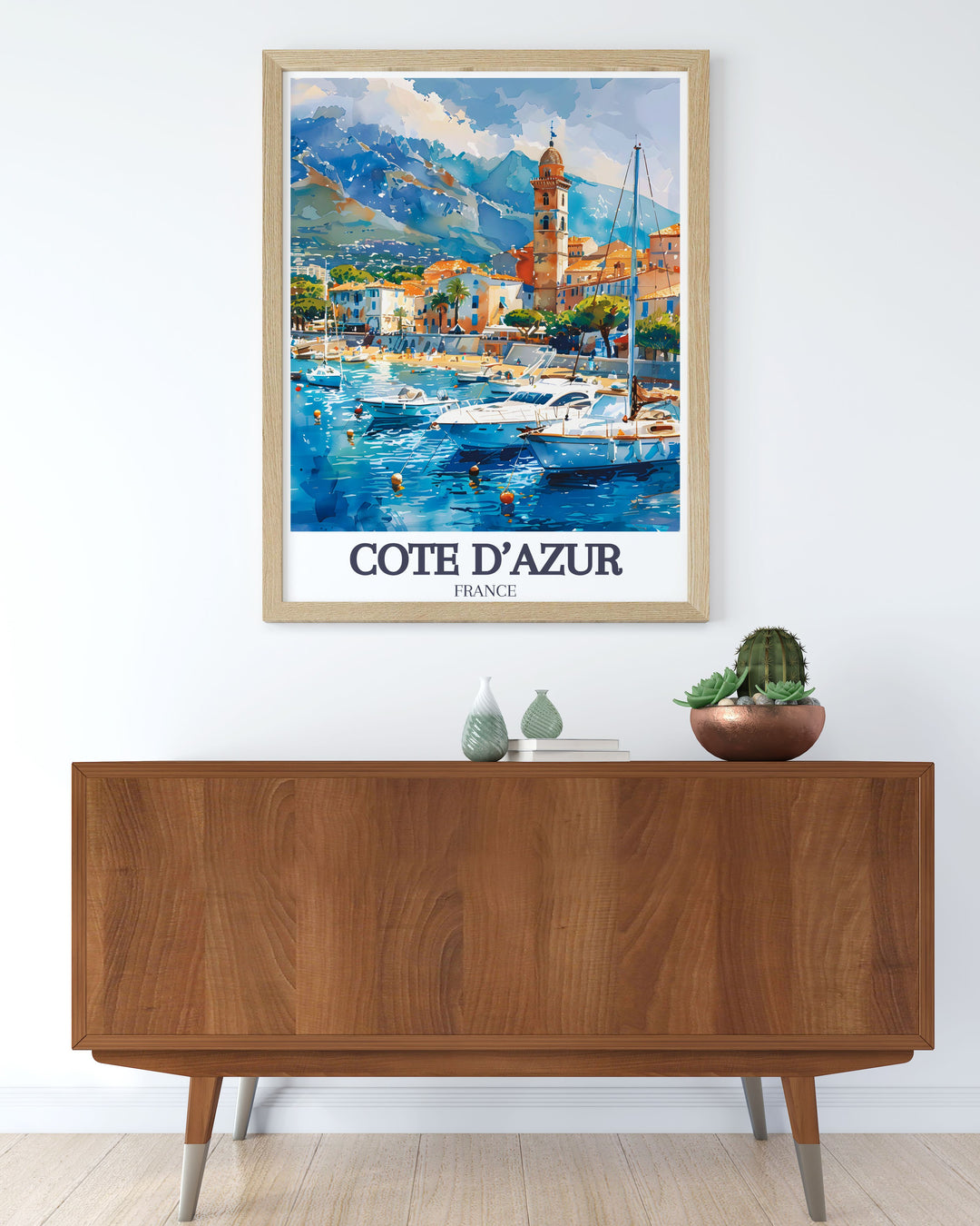 Marvel at the glamour of La Croisette, capturing the elegance of Cannes iconic promenade and the shimmering Mediterranean Sea in this stunning travel poster.