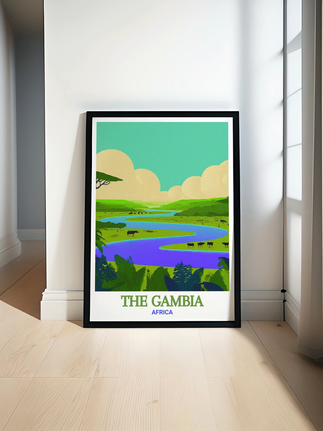 The Gambia travel print featuring River Gambia National Park. A beautifully crafted piece that celebrates the rich landscapes and natural wonders of this iconic location. Ideal for enhancing your home decor with a touch of elegance and nature inspired art.