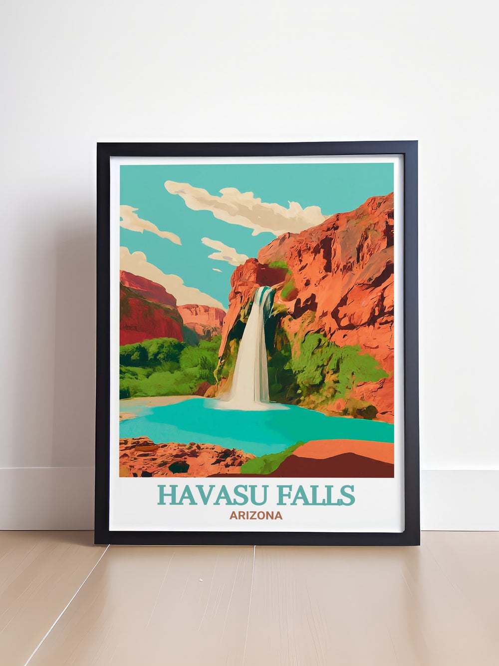 Havasu Falls vintage poster showcasing the stunning contrast of vibrant waters against the red cliffs of Arizona. This artwork is ideal for anyone looking to celebrate the beauty of nature and the iconic landscapes of the American Southwest.