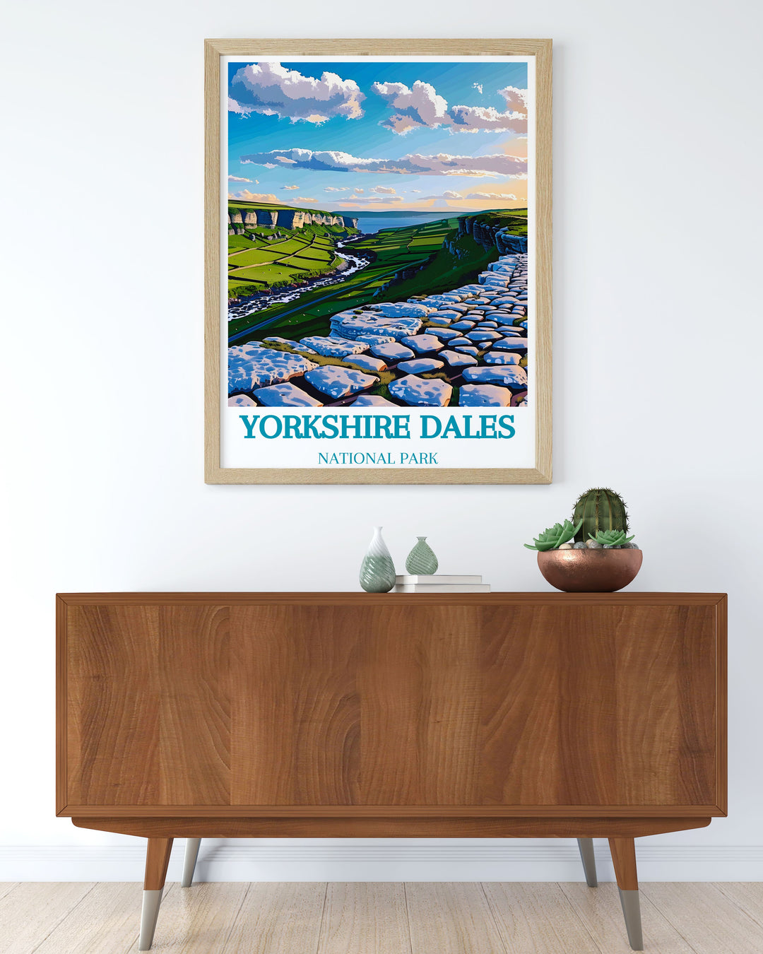 Elevate your decor with this Yorkshire travel poster capturing the stunning landscapes of Malham Cove Ribblehead Viaduct and the historic Flying Scotsman an ideal choice for anyone who loves National Park art and wants to add a touch of Yorkshire to their home.